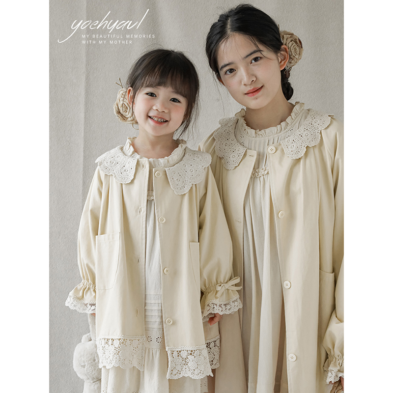 幼悠女童风衣外套长袖春秋款花边领上衣简约复古开衫儿童亲子外衣