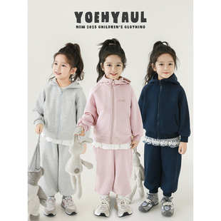 幼悠女童纯色运动套装春秋罗纹收束防风保温简约休闲风裤子外套潮