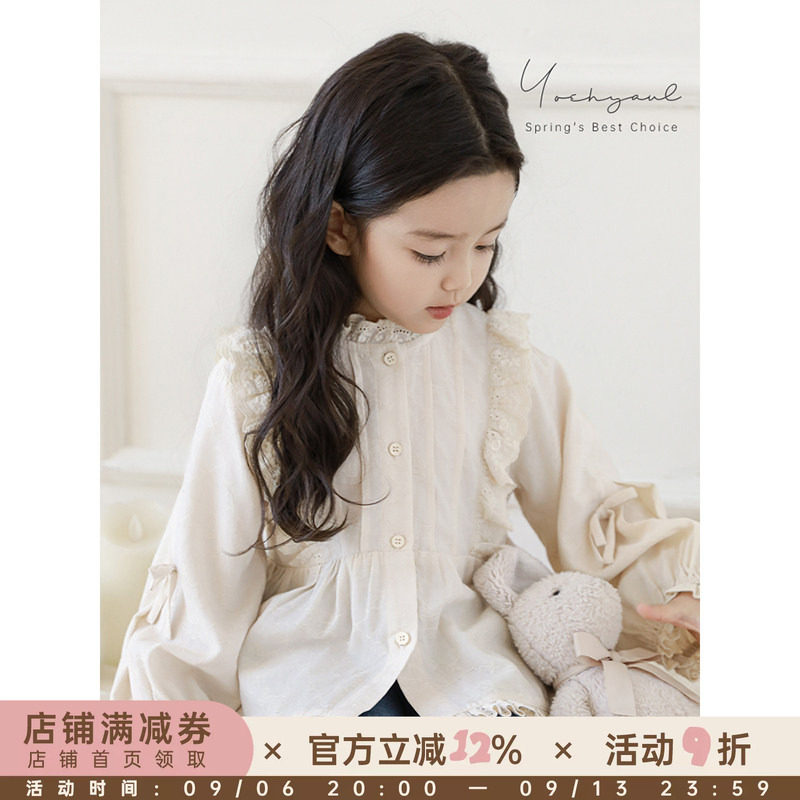 幼悠女童洛丽塔风衬衫2026春季甜美可爱小灯笼袖镂空花边休闲上衣图片