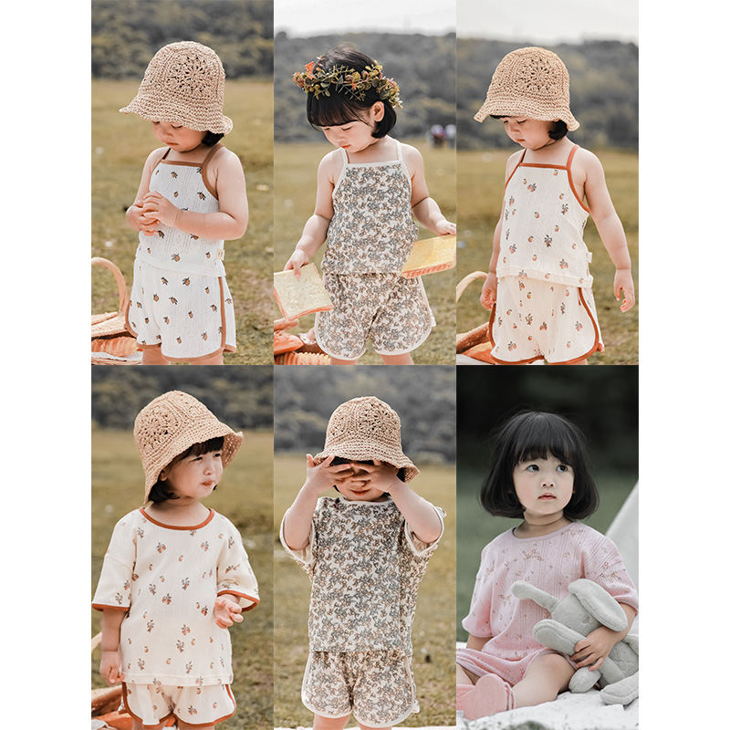 幼悠 女童夏季套装洋气印花三件套短袖T恤家居服短裤背心夏装外穿