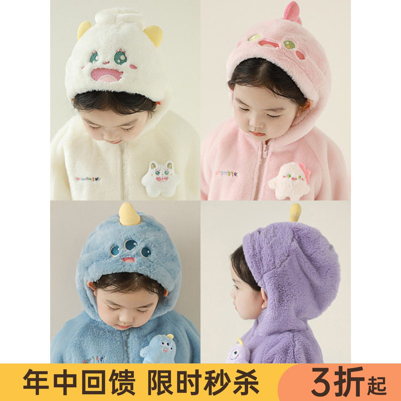 幼悠女童加绒加厚小怪兽毛绒连帽外套冬季立体玩偶防风锁温上衣潮