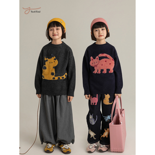 幼悠女童冬季可爱童趣立体搞怪猫咪毛衣活泼俏皮复合一体绒直筒裤