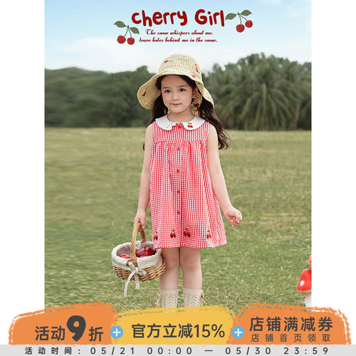 幼悠女童复古清新色织红格背心裙夏季柔软亲肤猫咪造型翻领裙子潮