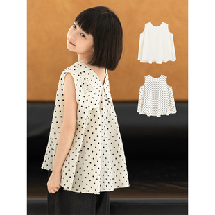 幼悠女大童夏季简约波点无袖衬衫60支平纹棉韩系温柔胖童娃娃衫潮