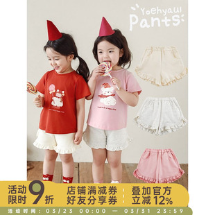 子潮 甜美可爱细致包边宽松清凉裤 幼悠女童纯色花边短裤 2025春夏季