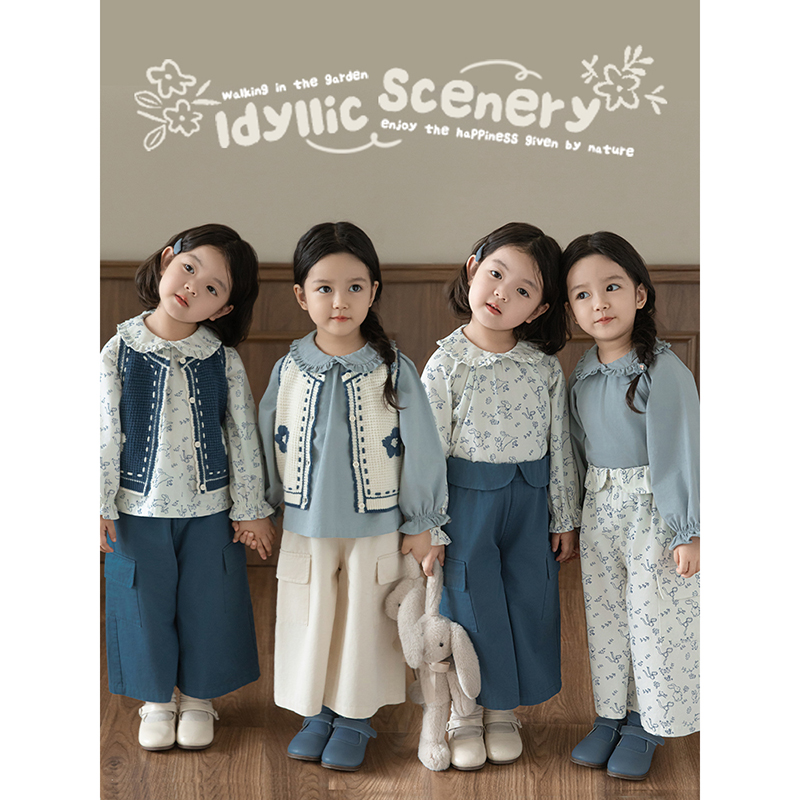 幼悠女童碎花兔兔系列春秋直筒阔腿裤木耳花边娃娃翻领衬衫多件套