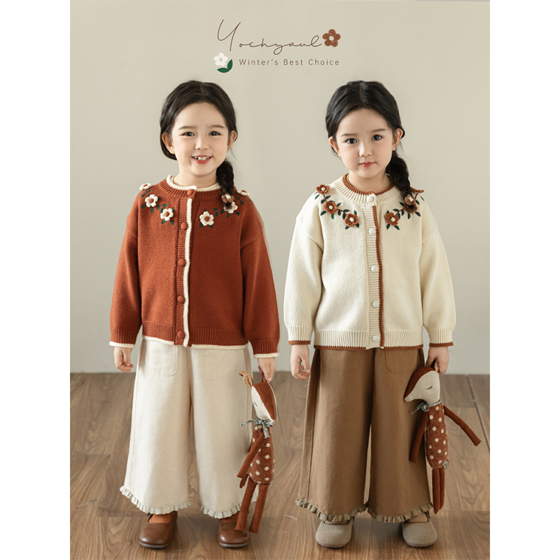幼悠女童绣花毛衣开衫冬季萌趣可爱罗纹织边撞色夹条防风保暖上衣