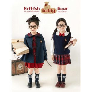 幼悠女童英伦学院风系列春秋小熊字母刺绣衬衫娃娃翻领外套多件套