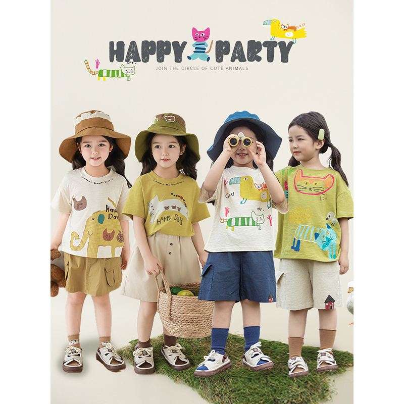 幼悠 女童卡通数码印花T恤2025夏季童趣可爱清爽吸湿宽松休闲短袖