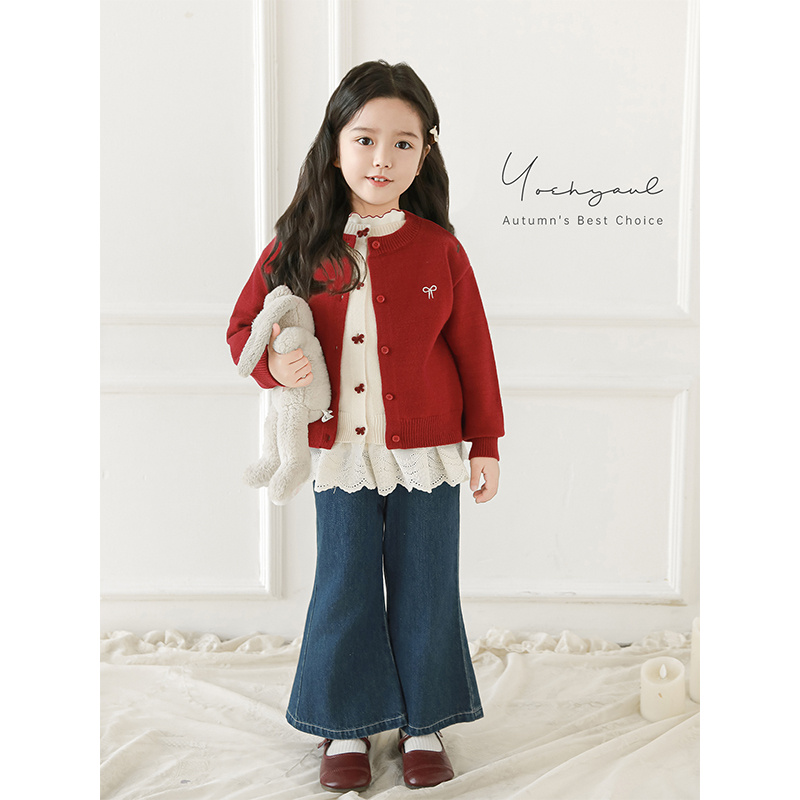 幼悠女童蝴蝶结纽扣假两件开衫2025秋季柔软亲肤复古小温暖毛衣潮