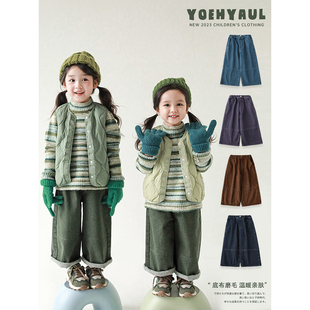 子潮 儿童柔软亲肤厚实保暖裤 幼悠女童指引视界直筒阔腿牛仔裤 冬季