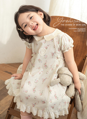 幼悠女童浪漫森系小碎花连衣裙夏季甜美可爱刺绣波浪花边翻领裙子
