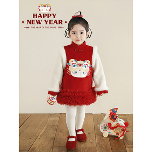 细糯丰厚抽褶网纱连衣裙 幼悠女童醒狮灵蛇万针刺绣过年服2024冬季
