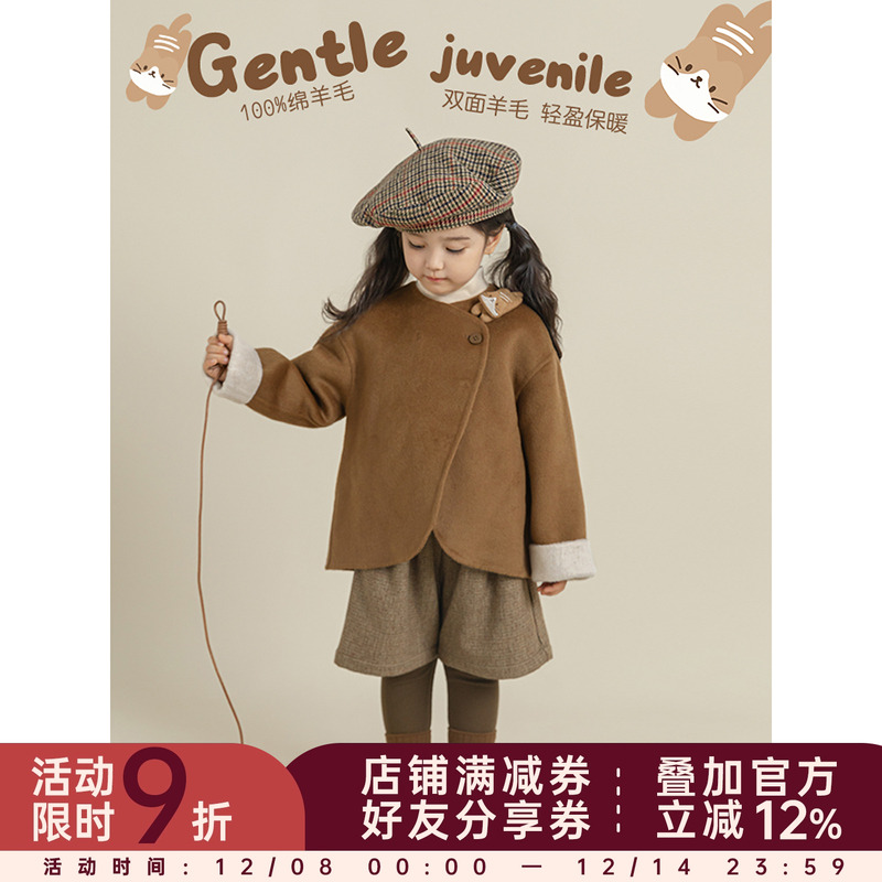 幼悠女童斜门襟呢子外套冬季萌趣可爱防风保暖立体猫咪玩偶上衣潮