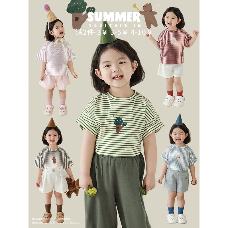 幼悠 女童动感节奏条纹短袖2025夏季元气可爱凉爽自在宽松半袖T恤图片