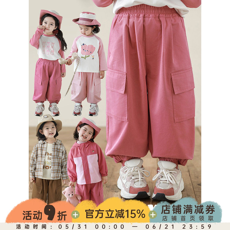 幼悠女童纯色工装裤春秋洋气可爱弹力收束经典百搭宽松休闲裤子潮
