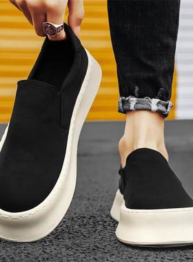 老北京布鞋男秋季透气冰丝软底休闲板鞋一脚蹬工作防滑黑色帆布鞋