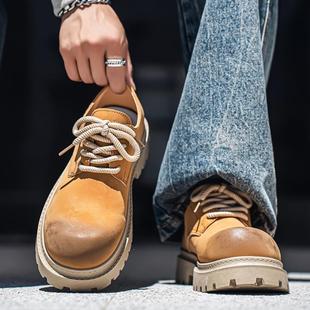马丁靴男鞋 男款 秋季 英伦风低帮大黄靴增高棕色德比鞋 覆古皮鞋 工装