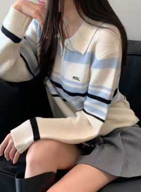 彩条扣子翻领羊毛针织衫半拉链秋冬季新款宽松大码拼色毛衣打底衫