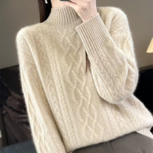 秋冬季新款羊毛针织衫女中间绞花半高韩版宽松大码保暖毛衣打底衫