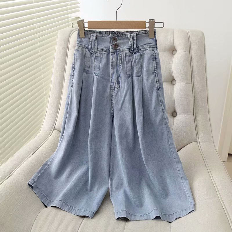 2025夏季薄款高腰天丝牛仔阔腿中裤过膝女凉爽垂感夏裤7分裤裙女