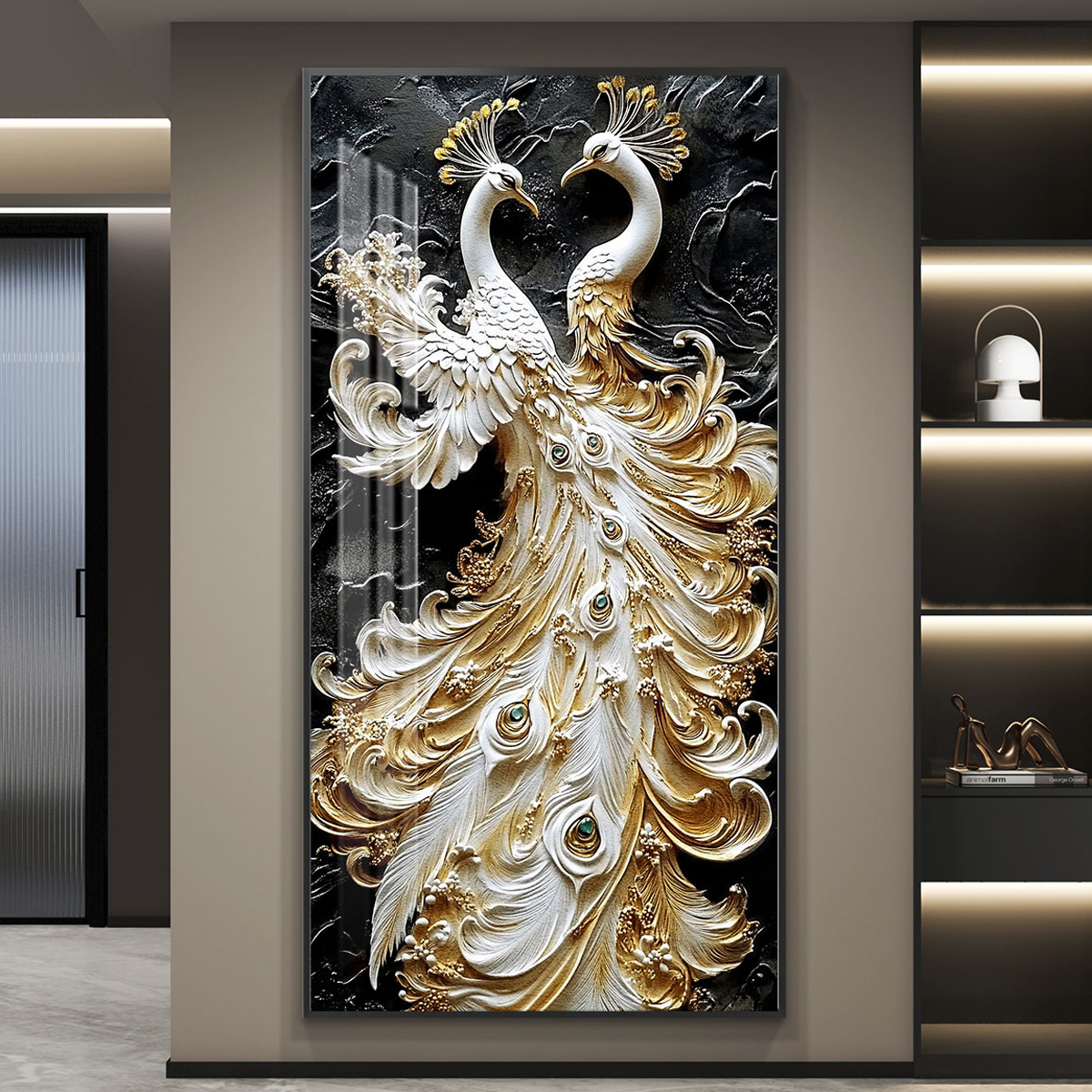 孔雀轻奢led带灯入户玄关装饰画走廊过道挂画壁画简约现代高级感图片