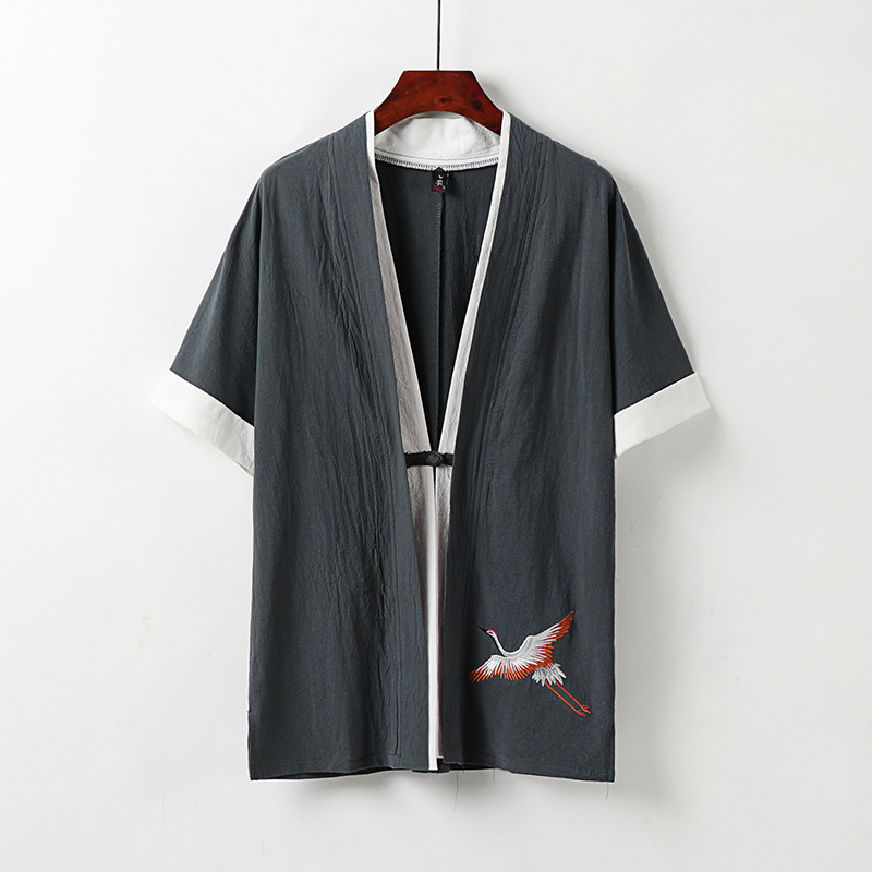 道袍和服夏季棉麻刺绣仙鹤衬衫