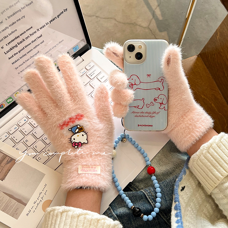 五指毛绒触屏手套保暖骑车