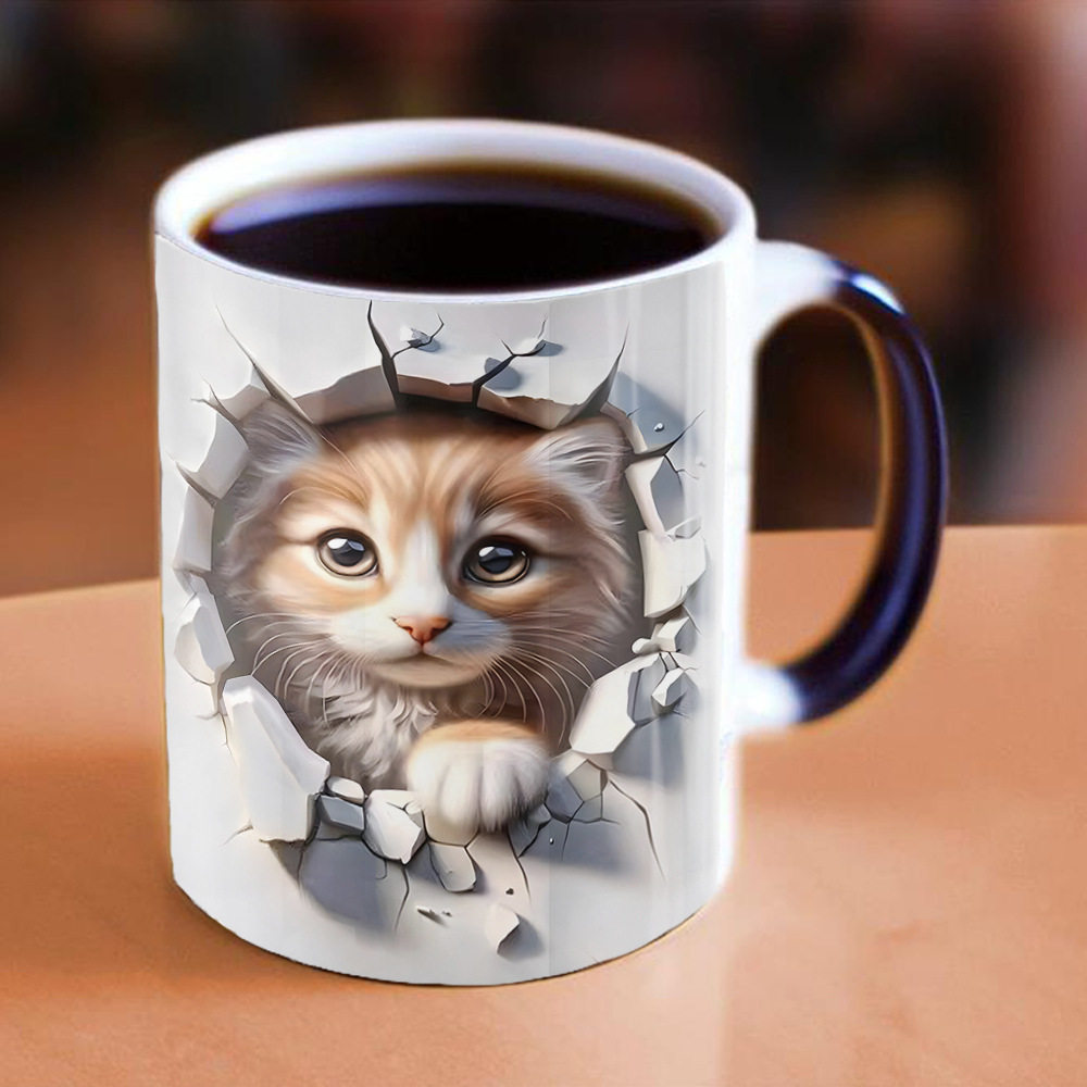 外贸3D猫咪变色陶瓷马克杯礼物