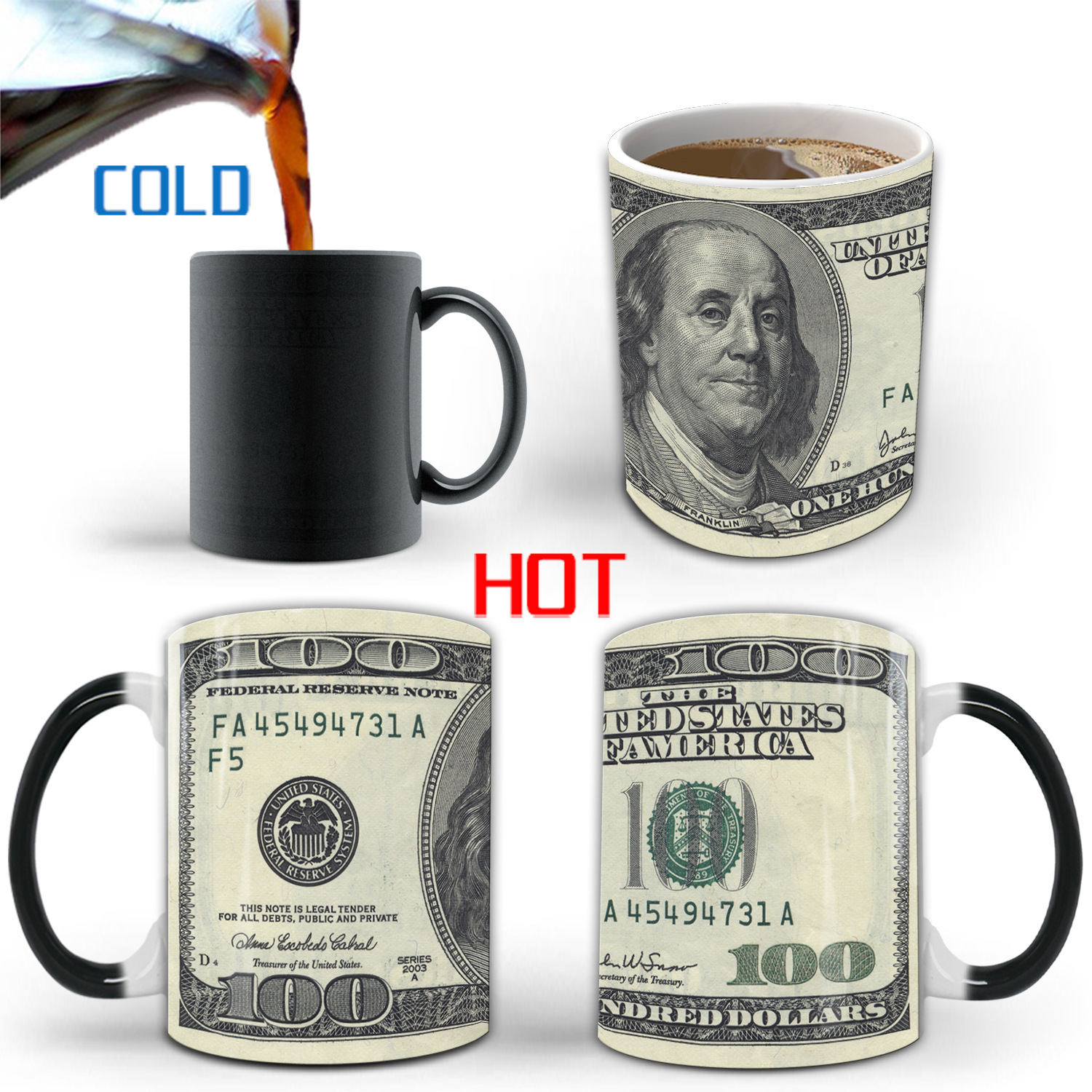 外贸创意 Dollars美钞变色马克杯陶瓷热反应感温魔术咖啡茶