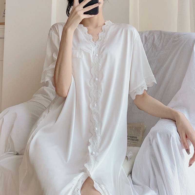 跨境春夏季时尚高档波浪花边雪纺衬衫睡裙女可外穿短袖家居服,女士内衣/男士内衣/家居服,睡袍/浴袍,淘宝优惠券,粉丝福利购,淘宝优惠卷