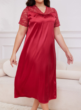 跨境大码新款睡衣女士春夏冰丝绸短袖长款睡裙宽松家居服SQ22094