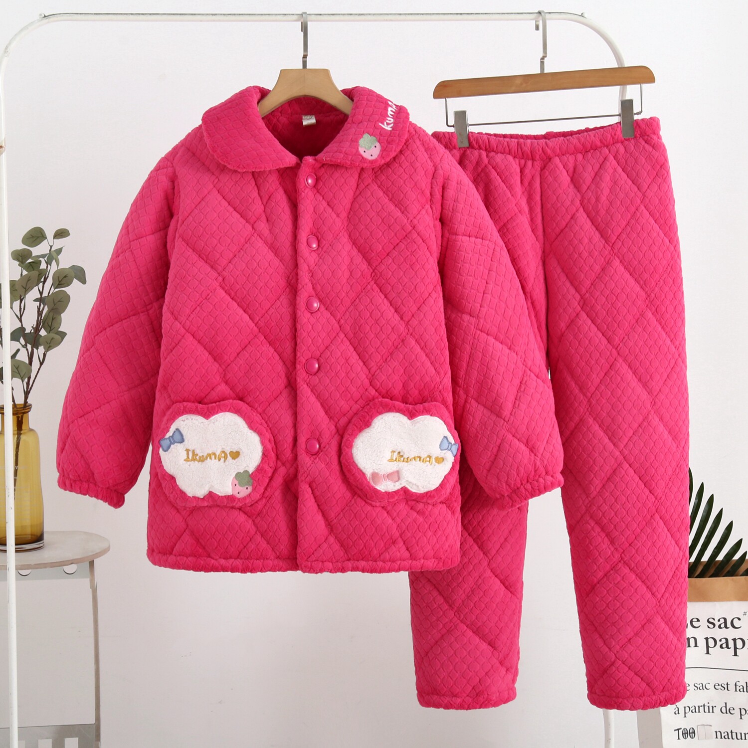 2025中长款睡衣女士冬季家居服加厚加绒三层夹棉袄保暖甜美套装