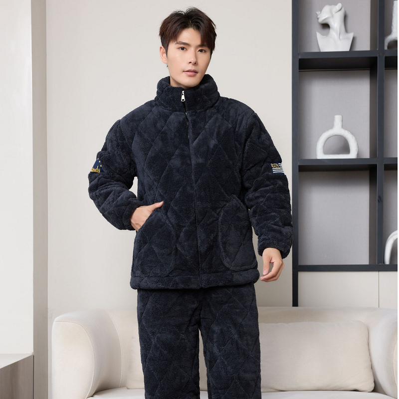 冬季三层珊瑚绒夹棉中老年家居服