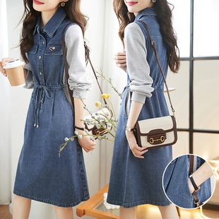 设计感牛仔连衣裙女2025年春秋新款小个子休闲拼接中长款收腰裙子