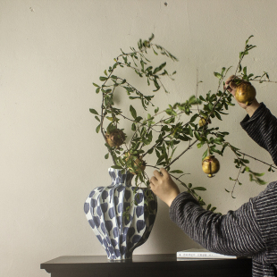 甘棠艺术家居 手工陶瓶复古艺术花器摆件中古插花花瓶 青墨