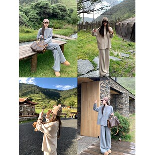 大小姐77 轻奢重磅加厚100绵羊毛松弛廓形圆领针织毛衣阔腿裤套装