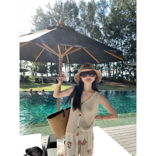 大小姐77 精致夏日针织V领显瘦宽松背心上衣女 进口亚麻天丝～