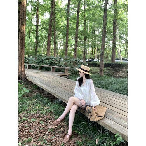 大小姐77 重工刺绣夏日轻盈氛围感chao美V领显瘦长袖衬衫短裤套装