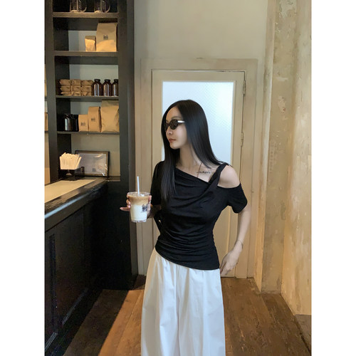 大小姐77  忝然莱塞尔时髦慵懒斜肩T轻松休闲显瘦短袖凉凉T恤上衣