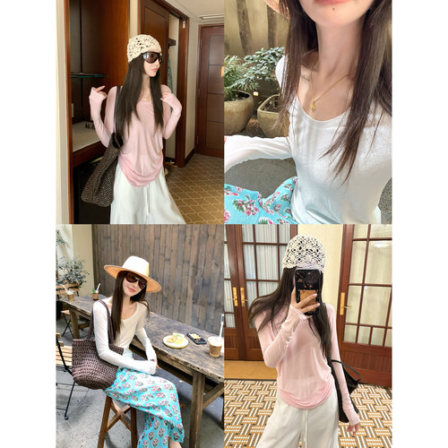 大小姐77莱赛尔羊毛呼吸感轻薄透气微透长袖大领口U型收身显瘦T恤