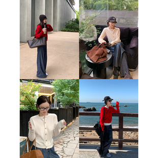 大小姐77 极简纯色100绵羊毛柔软细腻圆领长袖针织开衫外套