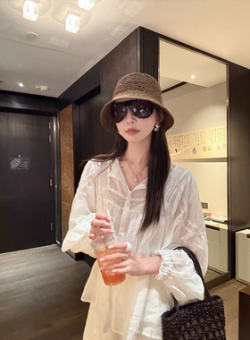 大小姐77 100苎麻夏日氧气呼吸重工风琴蕾丝拼接长袖衬衫防晒上衣