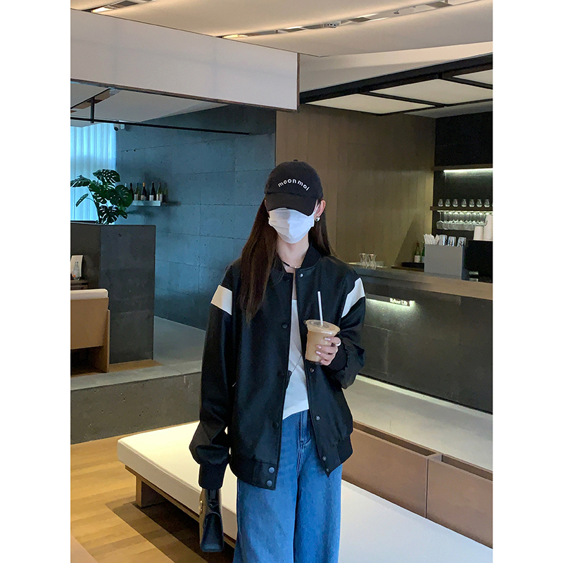 复古甜酷风擦色pu皮棒球服皮衣