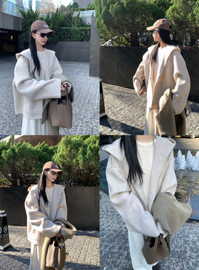 大小姐77 经典B入！100绵羊毛慵懒松弛连帽中长款拉链大衣外套