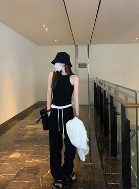 大小姐77本期bi收！时髦撞色好穿凉凉裤黑色西装阔腿休闲裤拖地裤