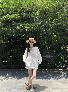 大小姐77 松弛老钱氧气100进口亚麻休闲衬衫裙小众设计V领防晒衫
