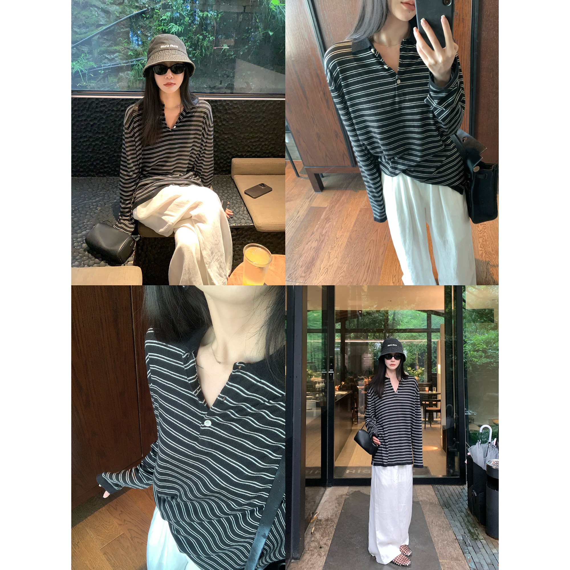 大小姐77羊毛天丝清凉舒服高智感时髦miu系Polo衫宽松廓形长袖T恤