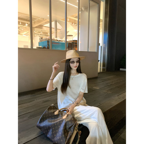 大小姐77老钱松弛感ji简亚麻针织T呼吸感清凉透气针织短袖圆领T恤