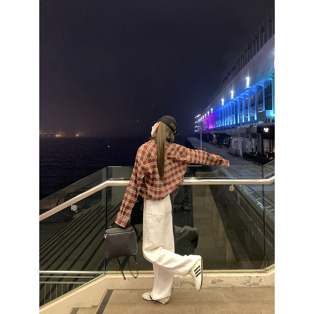 通勤长袖红色格子衬衫